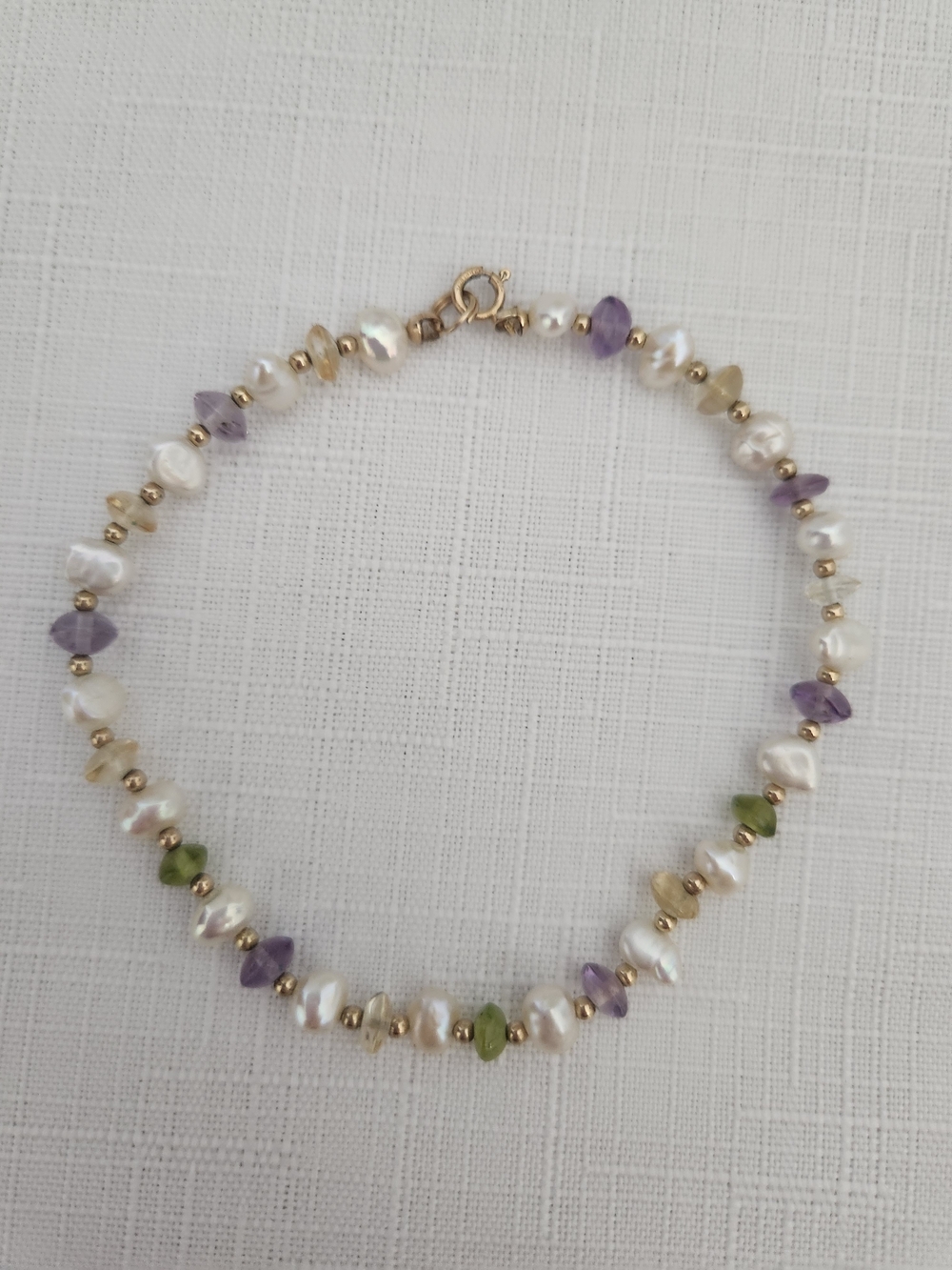 Gold Beaded Pearl, Amethyst, And Peridot Bracelet
